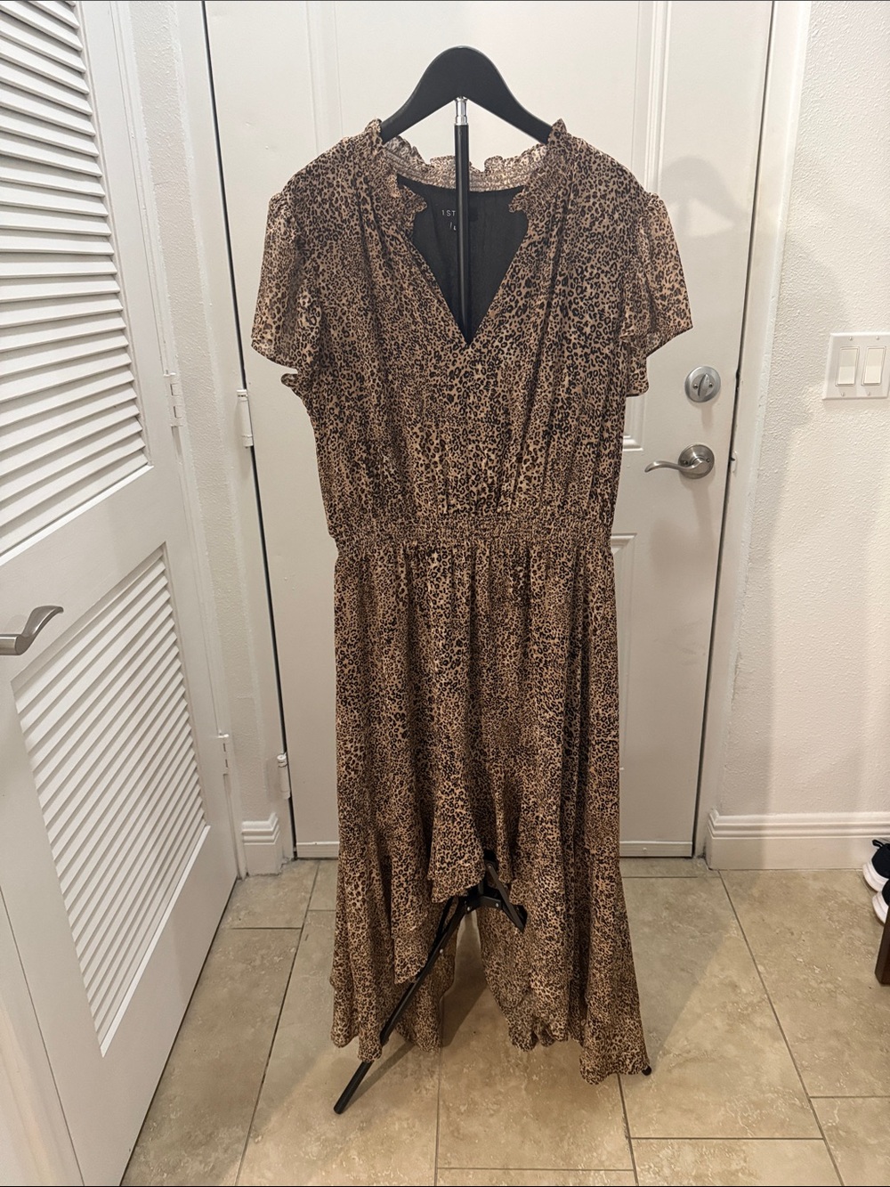 Brown Tiered V-Neck Sundress with Flutter Sleeves